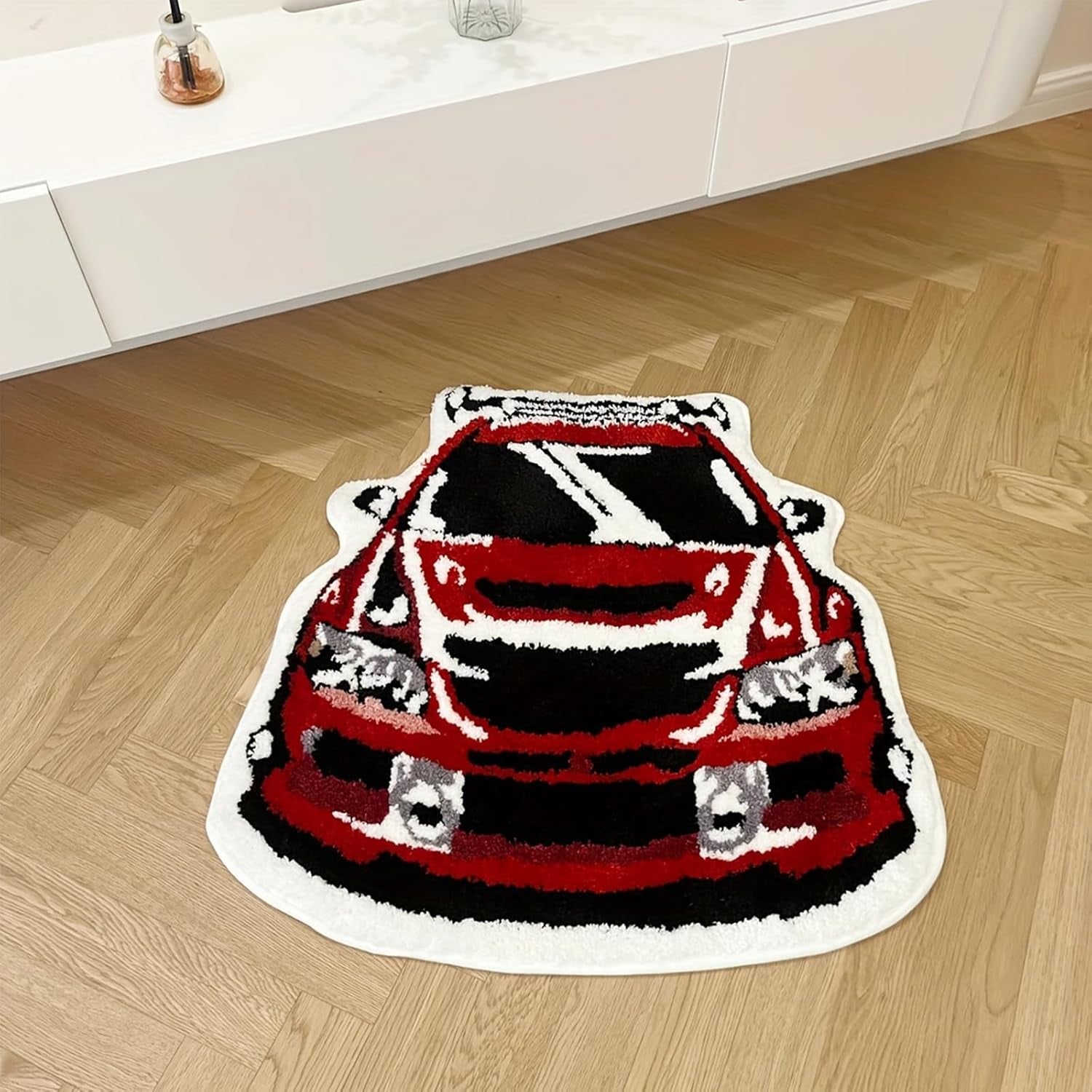 Red Racing Car Shaped Tufting Rug Bathroom Bathmat Foot Pad Bath Mat Doormat Aesthetic Home Room Warm Decor Bedroom Rug (29.9X28.7 Inch)
