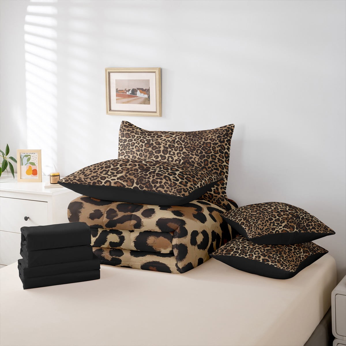 Leopard Print 7-Piece Bedding Comforter Set,Wild Animal King Bedding Sets,Cheetah Pattern Bed Sheets for Girl Kids,Breathable Home Decor Reversible
