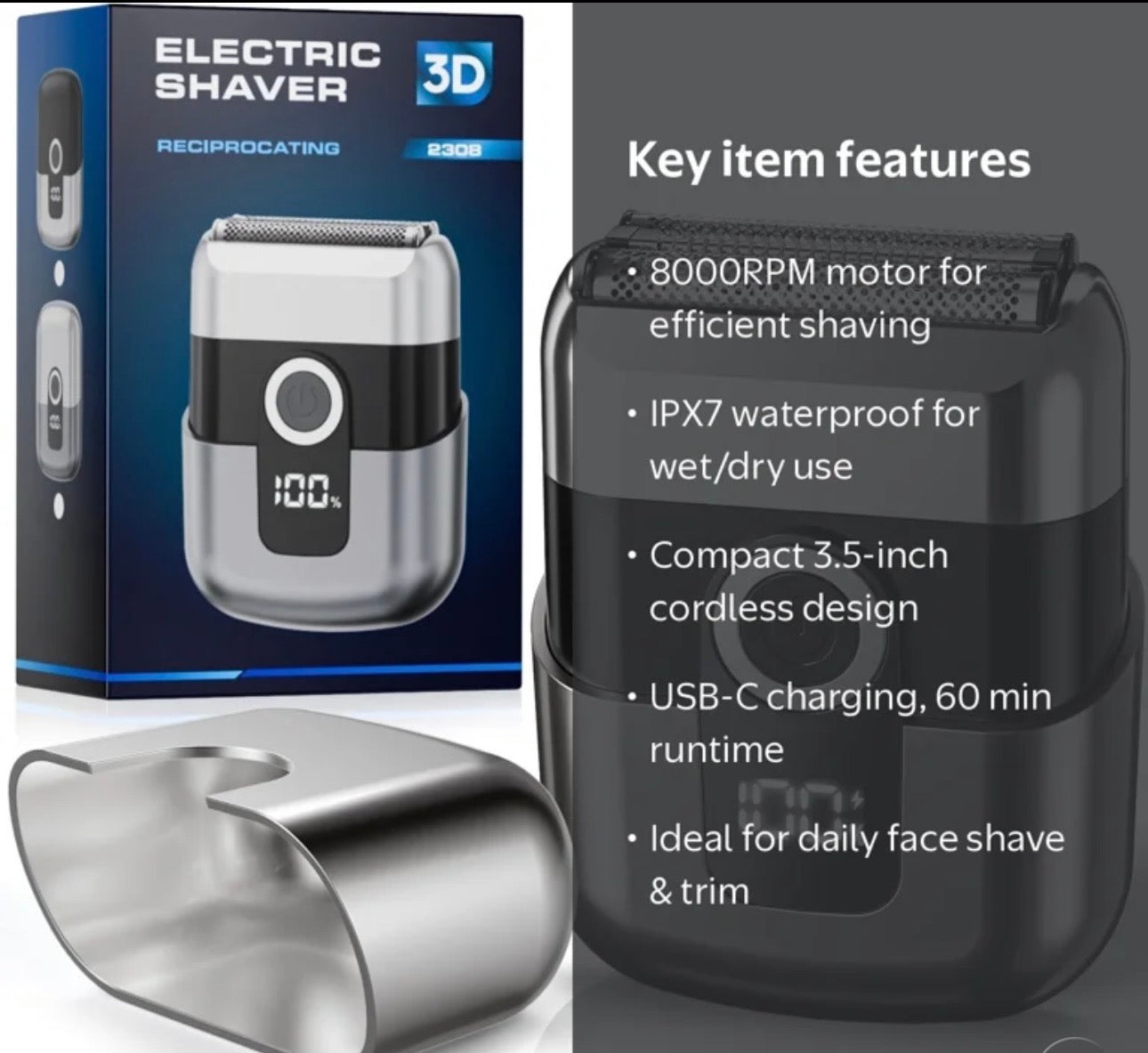 Electric Razor for Men, Rechargeable Foil Shaver with 8000RPM Motor, IPX7 Waterproof, USB-C Cordless Beard Trimmer, Portable Mini Electric Shaver for Face & Head