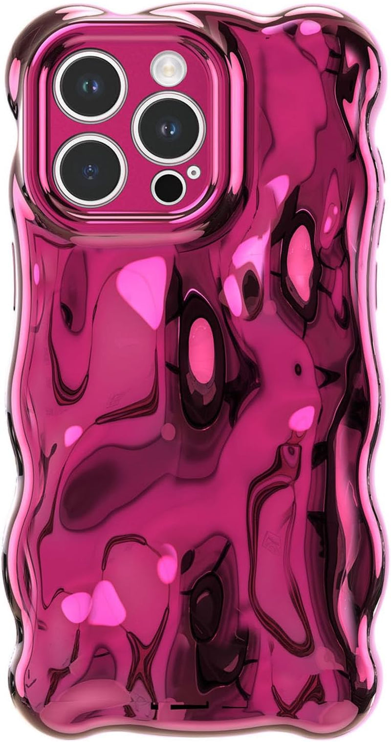 Ripple Case for Iphone 13 Pro, Cute Silver Cover Wave Shape for Iphone Case Pretty Aesthetic 3D Phone Cover, Water Ripple Shell 3D Chrome Design for Women and Girl, Silver Hot Pink