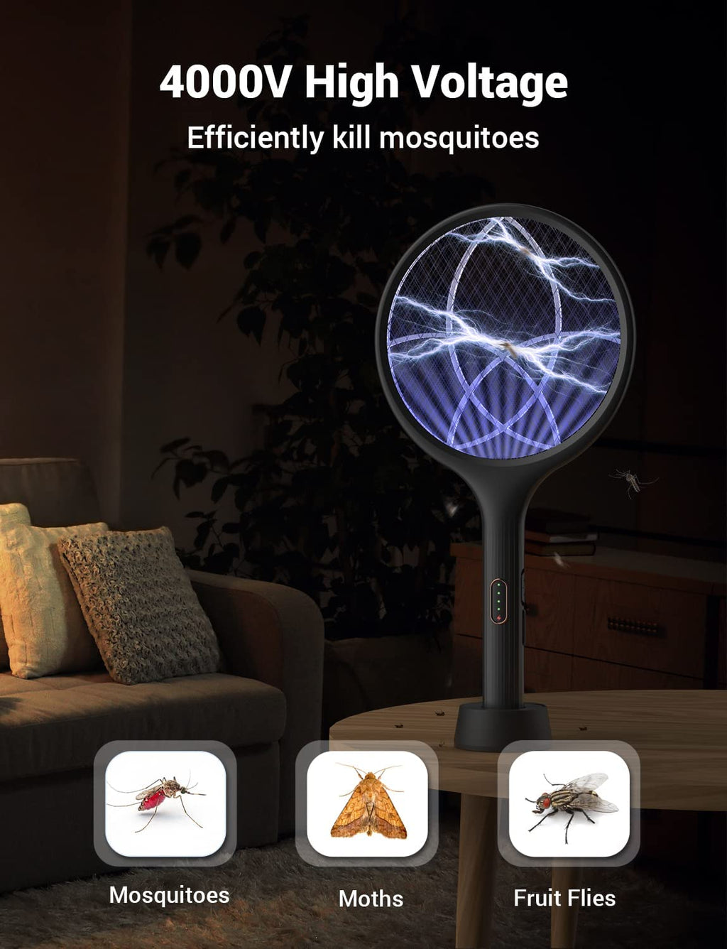 Electric Fly Swatter 4000V Bug Zapper Racket Dual Modes 2PCS with Purple Mosquito Light
