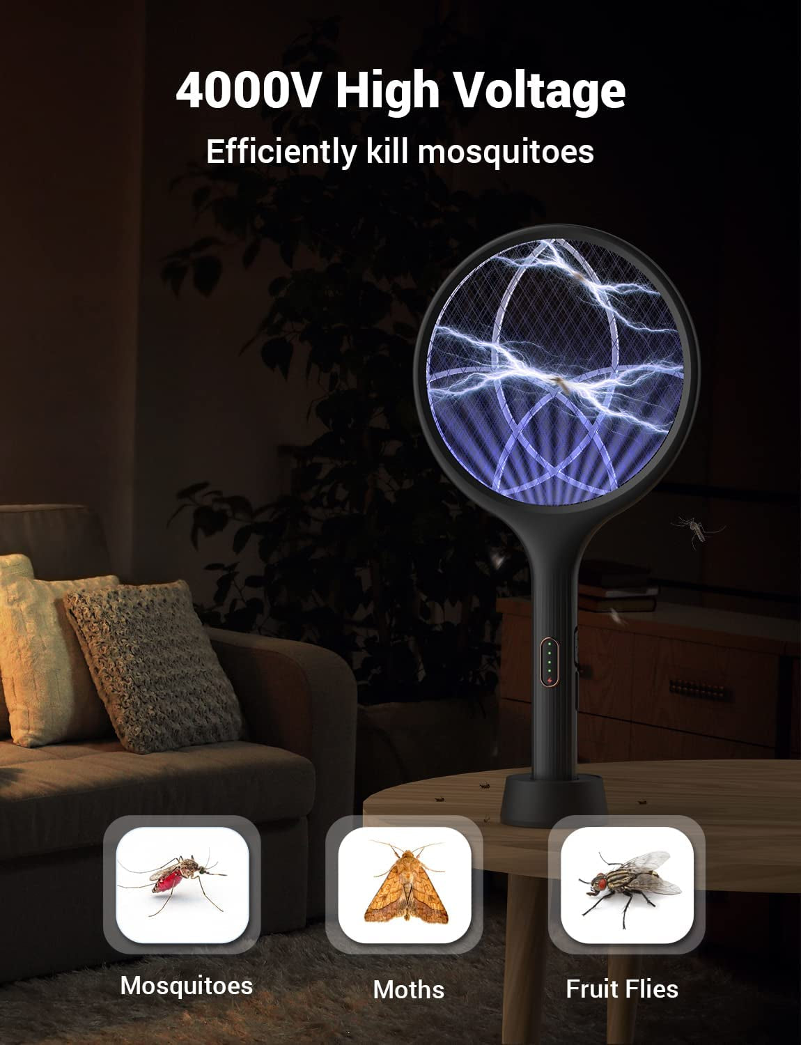 Electric Fly Swatter 4000V Bug Zapper Racket Dual Modes 2PCS with Purple Mosquito Light