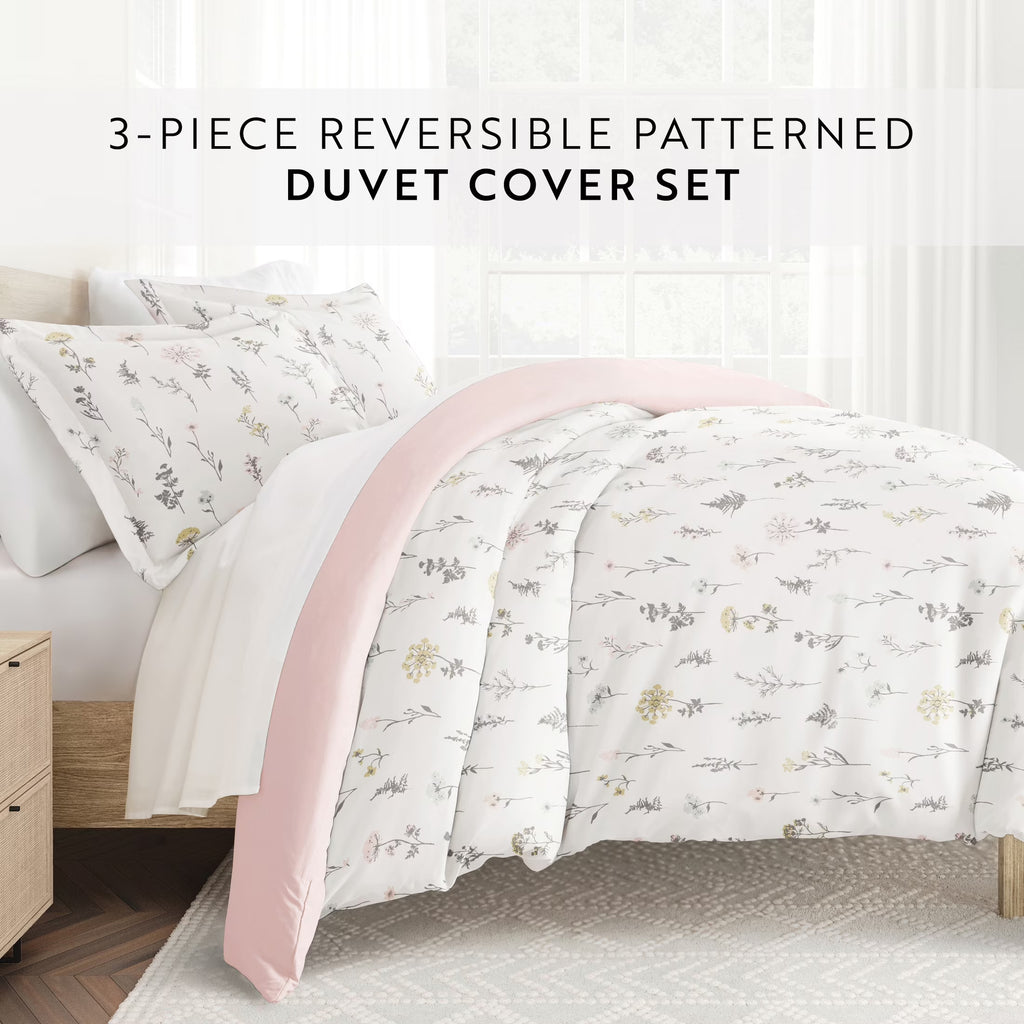 Duvet Cover Set - Ultra Soft & Breathable - Pink Farmhouse Wildflower for Queen Size Bedding by