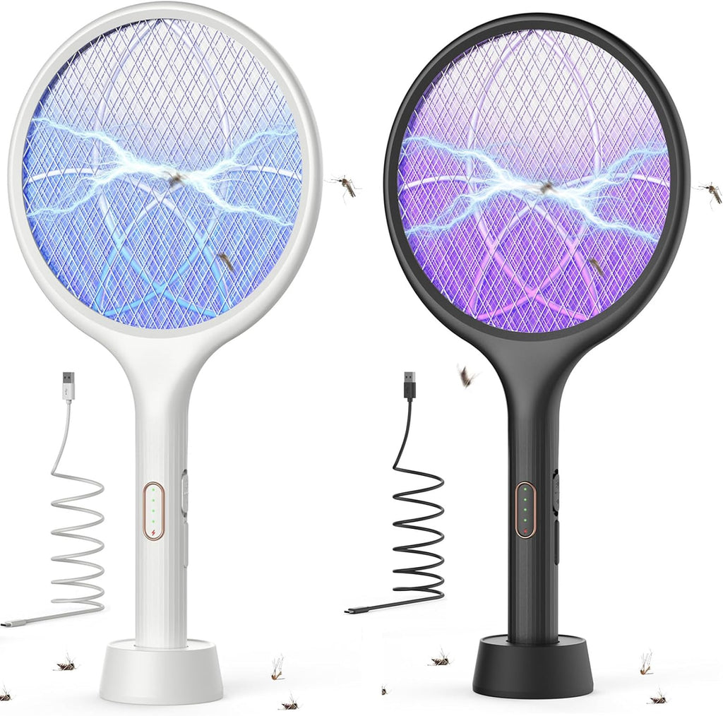 Electric Fly Swatter 4000V Bug Zapper Racket Dual Modes 2PCS with Purple Mosquito Light