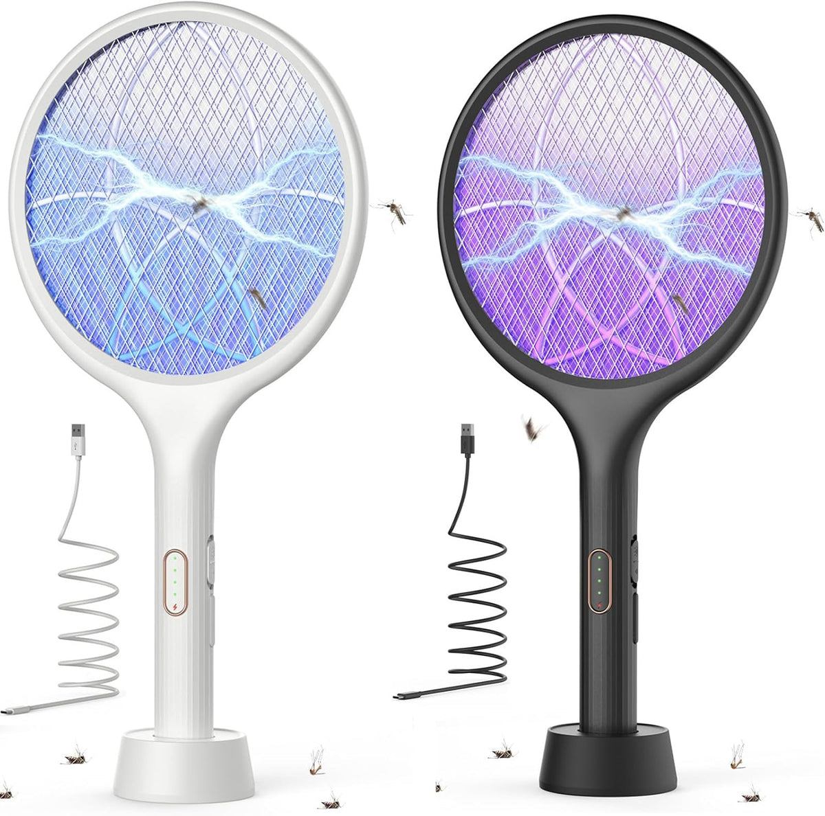Electric Fly Swatter 4000V Bug Zapper Racket Dual Modes 2PCS with Purple Mosquito Light