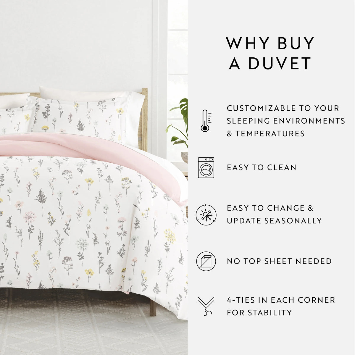 Duvet Cover Set - Ultra Soft & Breathable - Pink Farmhouse Wildflower for Queen Size Bedding by