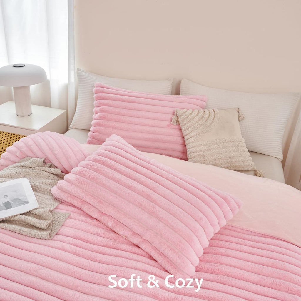 Pink Fluffy Girls Duvet Cover Set Twin Faux Fur Comforter Cover