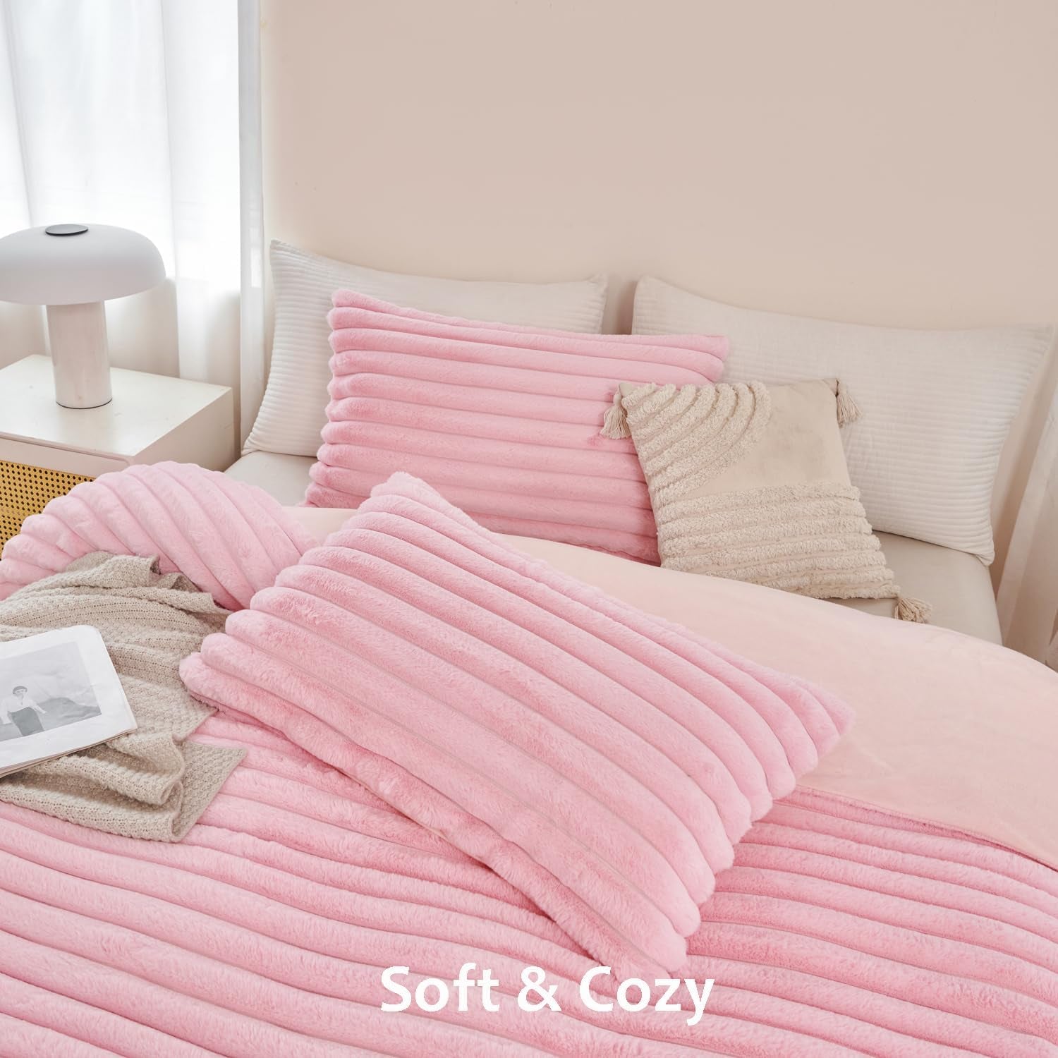 Pink Fluffy Girls Duvet Cover Set Twin Faux Fur Comforter Cover
