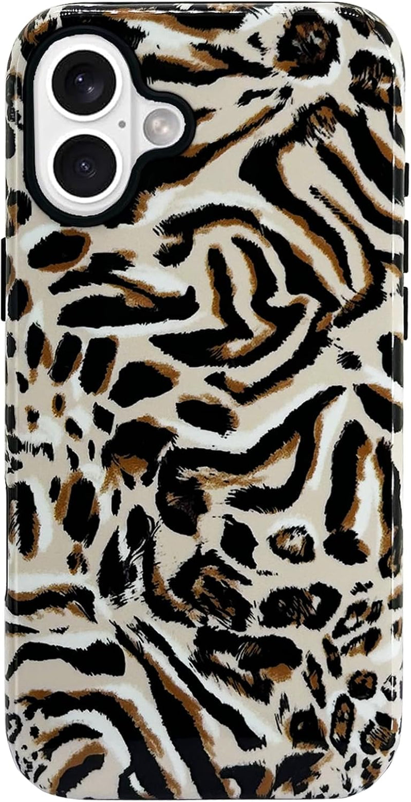 Cheetah for Iphone 16 Case 6.1 Inch with 2 Pack Tempered Glass Screen Protectors Animal Leopard Hybrid Cover for Girls Women Aesthetic Protective Phone Cases