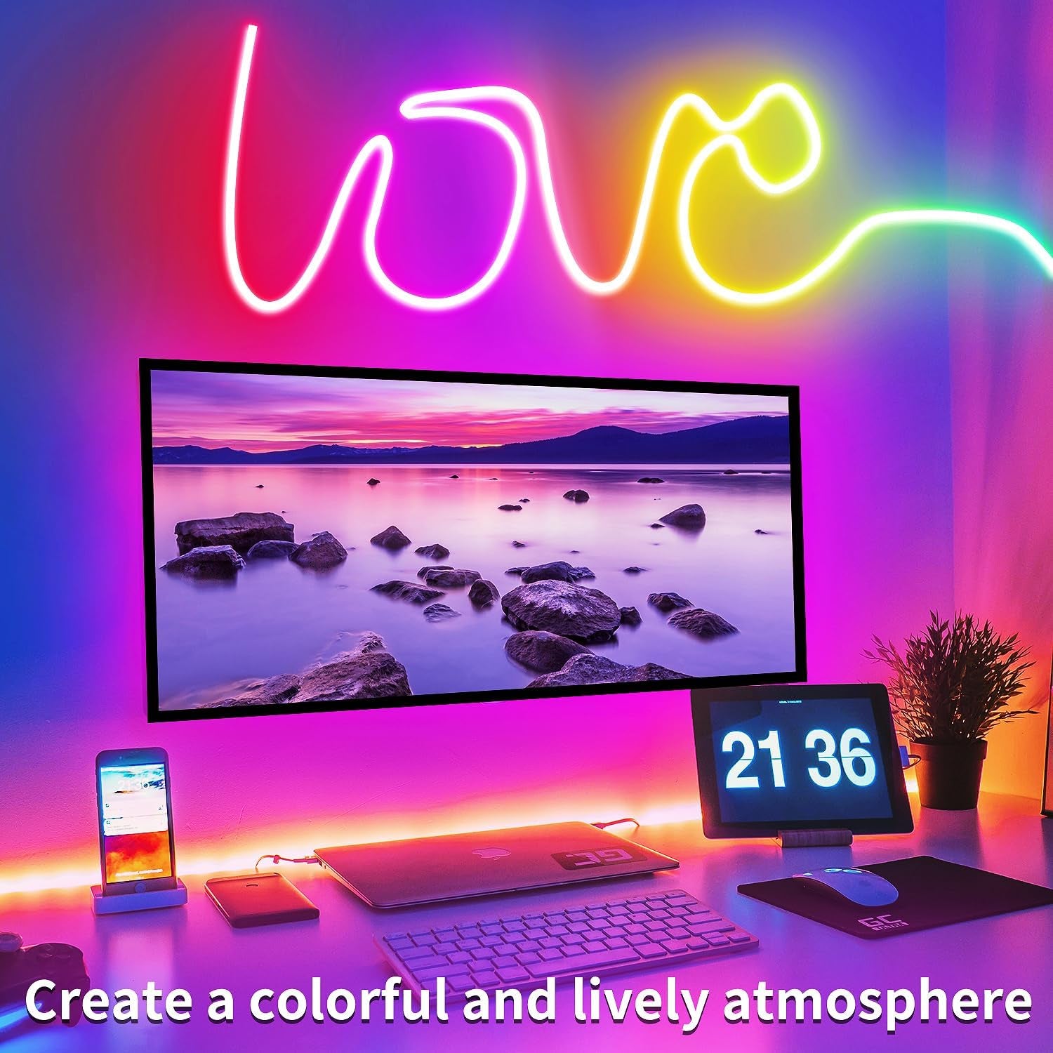 50Ft RGB LED Neon Rope Lights LED Neon Lights with Remote Control/App Control IP65 Waterproof Flexible Neon LED Strip Lights for Bedroom Room Outdoors Décor