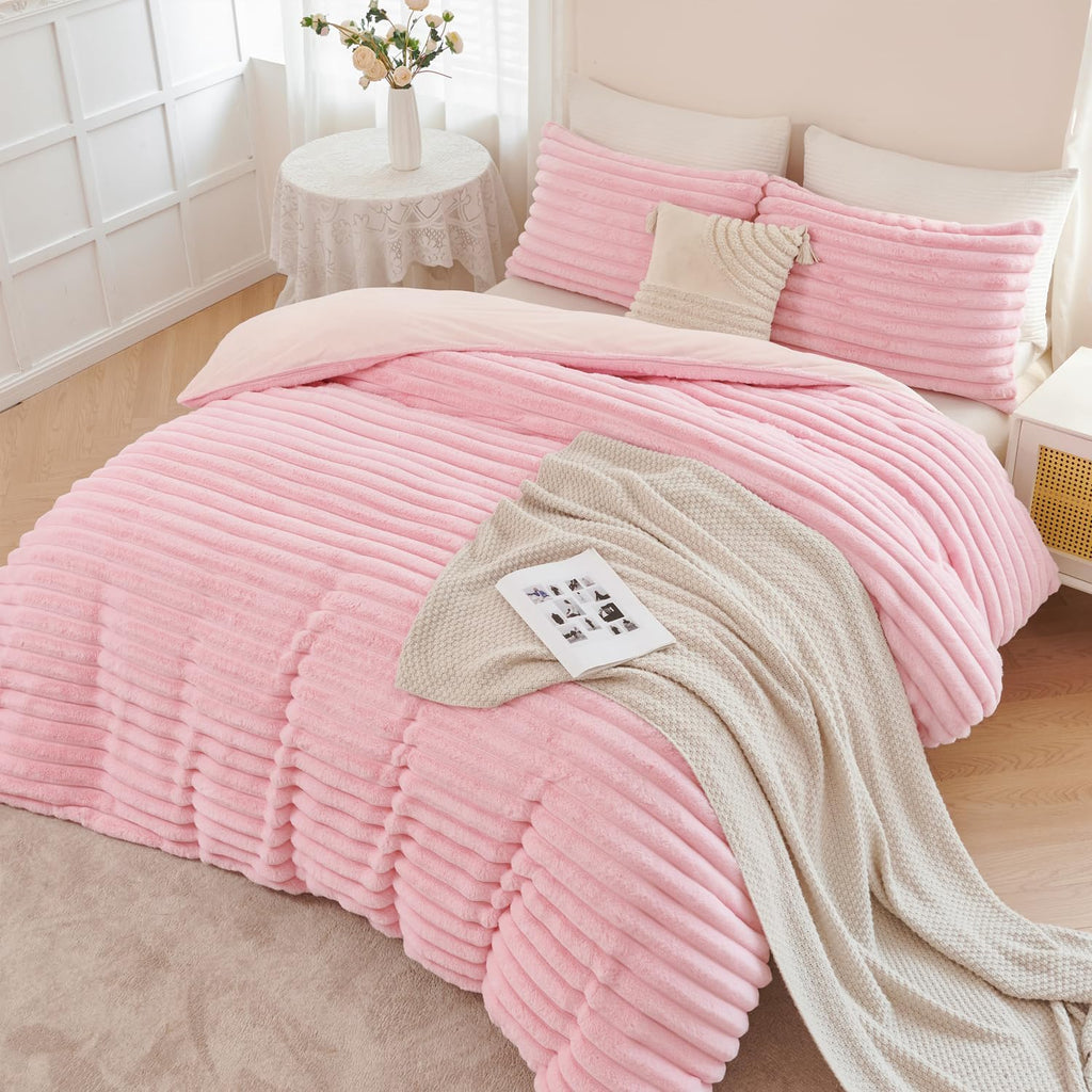 Pink Fluffy Girls Duvet Cover Set Twin Faux Fur Comforter Cover