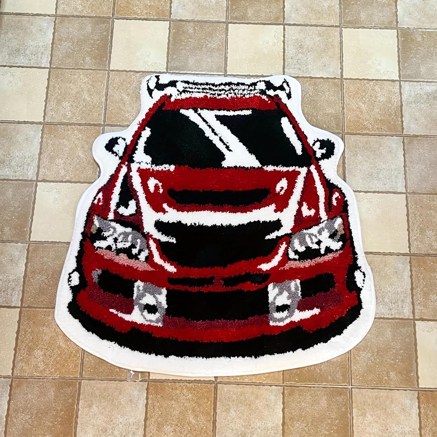 Red Racing Car Shaped Tufting Rug Bathroom Bathmat Foot Pad Bath Mat Doormat Aesthetic Home Room Warm Decor Bedroom Rug (29.9X28.7 Inch)
