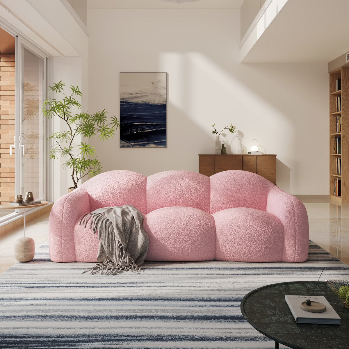 90" Modern Cloud Couch for Living Room, Boucle Loveseat 3 Seater Sofa, Plush Floor Sofa Couch for Bedroom, Apartment, Small Space (Pink Couch, No Assembly Required)