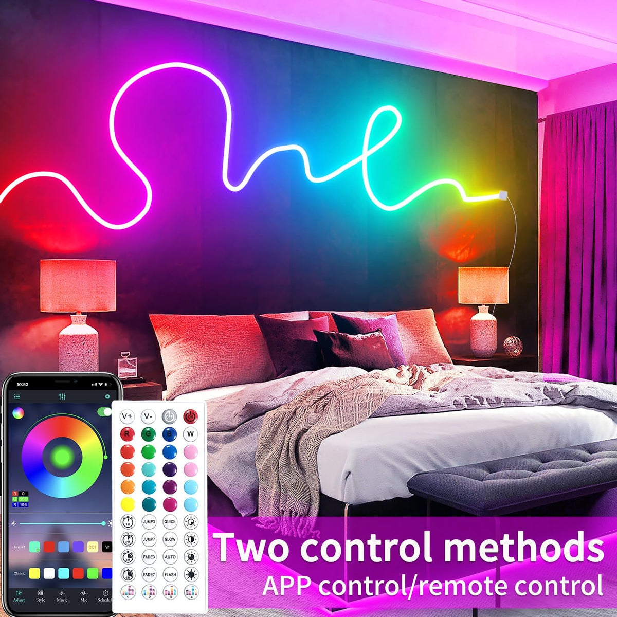 50Ft RGB LED Neon Rope Lights LED Neon Lights with Remote Control/App Control IP65 Waterproof Flexible Neon LED Strip Lights for Bedroom Room Outdoors Décor