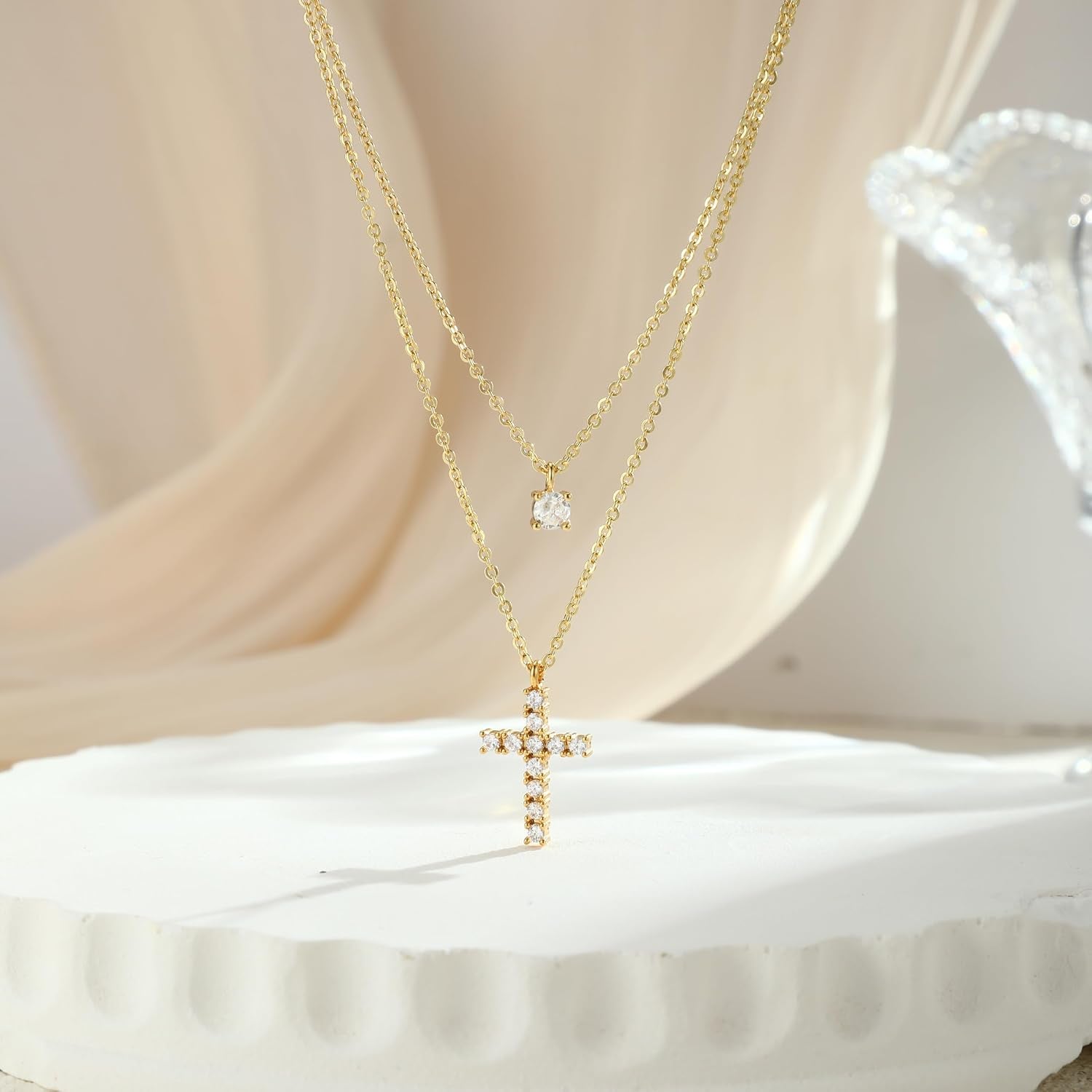 Cross Necklace for Women,14K Gold Plated Small Dainty Colorful Beaded Cubic Zirconia Diamond Double Layered Cross Pendant Choker Necklaces for Women,Christian Easter Religious Jewelry Gifts
