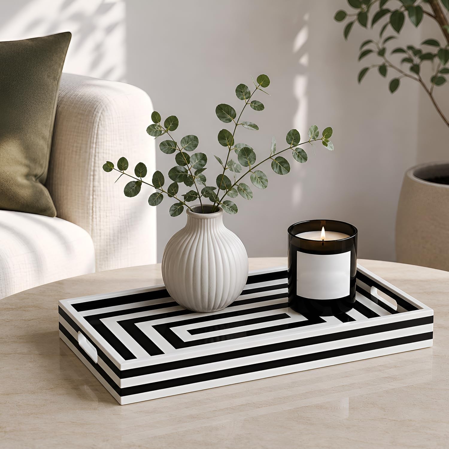 Black & White Concentric Resin Inlay Ottoman Tray, 17X11