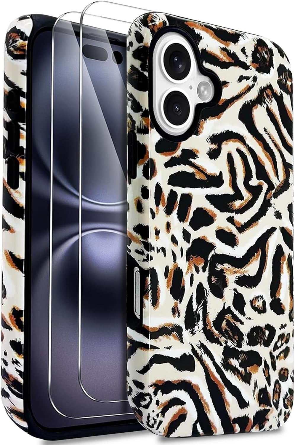 Cheetah for Iphone 16 Case 6.1 Inch with 2 Pack Tempered Glass Screen Protectors Animal Leopard Hybrid Cover for Girls Women Aesthetic Protective Phone Cases