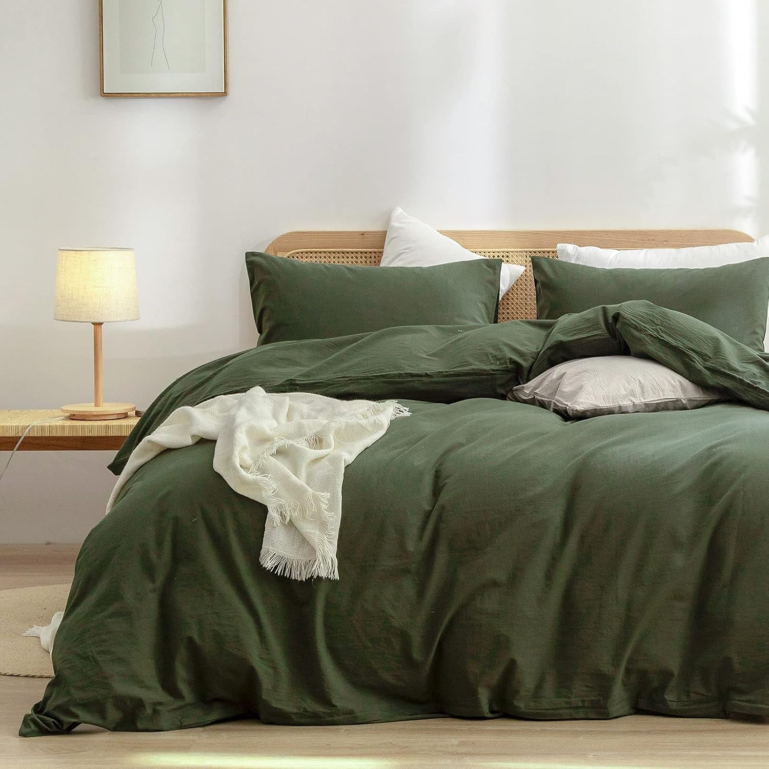 Cotton Solid Duvet Cover Set Linen Feel Olive Green Queen