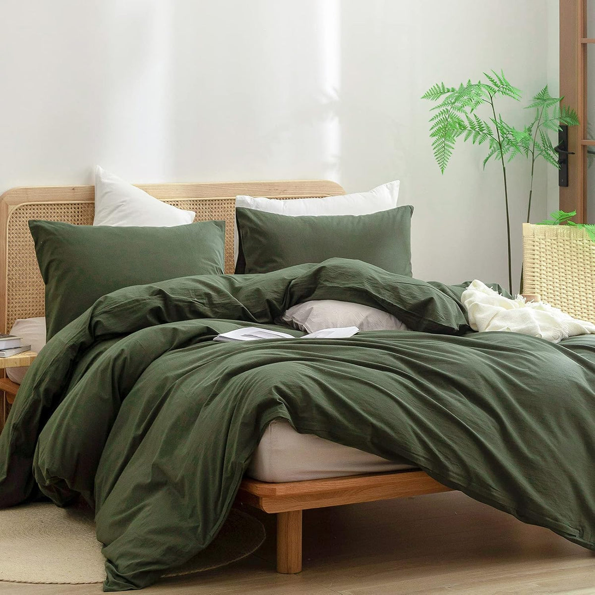 Cotton Solid Duvet Cover Set Linen Feel Olive Green Queen