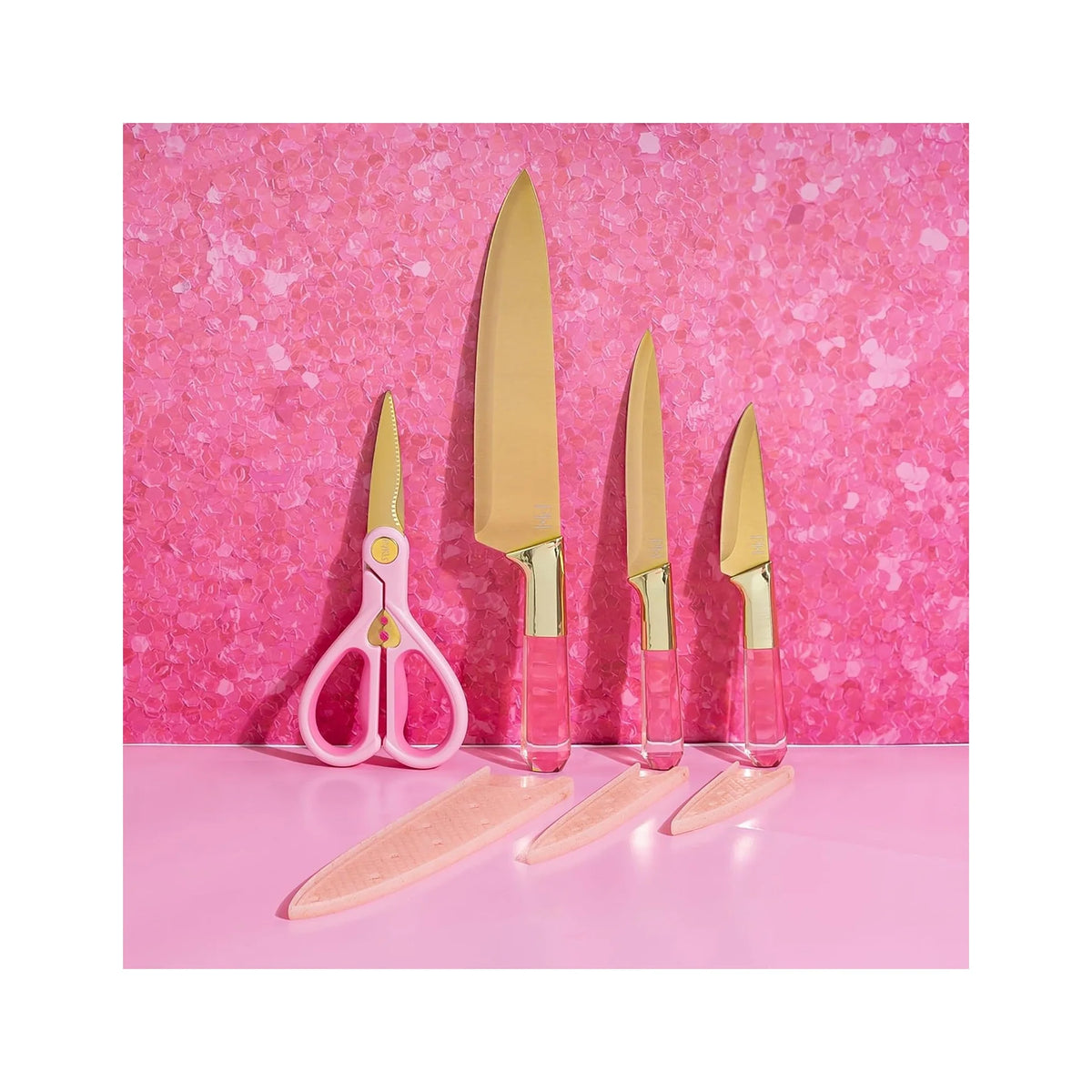 Stainless Steel Knife Set with Jewel Shaped Handles and Gold Blades, Iconic Cutlery Set, 4-Piece, Pink