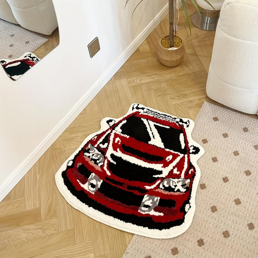Red Racing Car Shaped Tufting Rug Bathroom Bathmat Foot Pad Bath Mat Doormat Aesthetic Home Room Warm Decor Bedroom Rug (29.9X28.7 Inch)