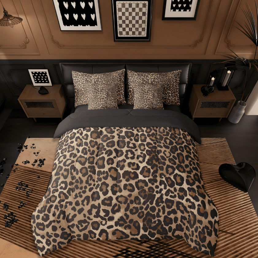 Leopard Print 7-Piece Bedding Comforter Set,Wild Animal King Bedding Sets,Cheetah Pattern Bed Sheets for Girl Kids,Breathable Home Decor Reversible