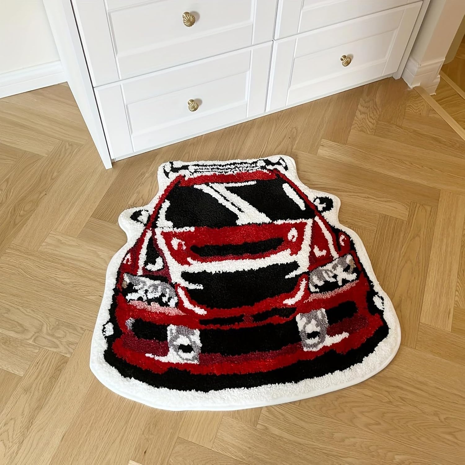 Red Racing Car Shaped Tufting Rug Bathroom Bathmat Foot Pad Bath Mat Doormat Aesthetic Home Room Warm Decor Bedroom Rug (29.9X28.7 Inch)