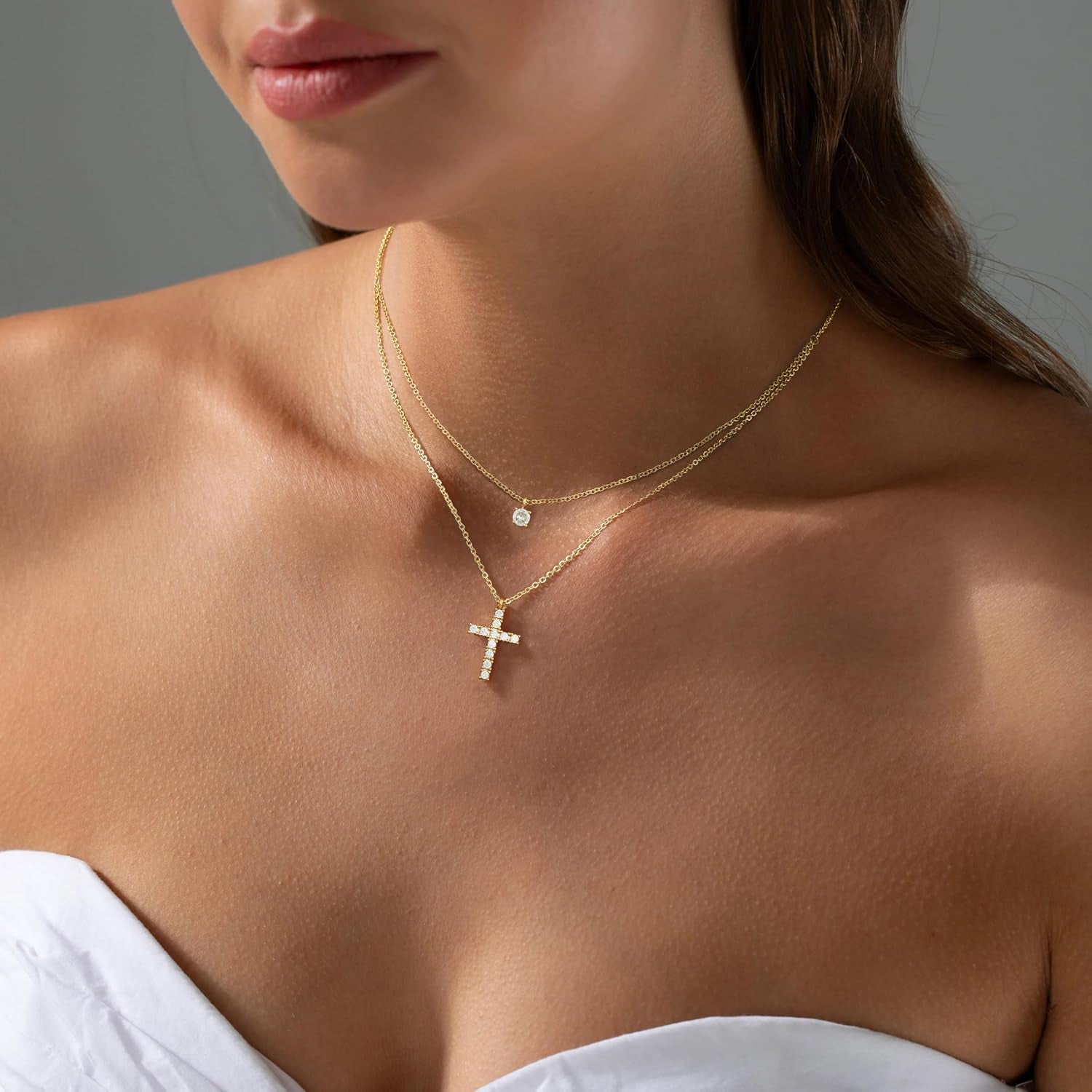 Cross Necklace for Women,14K Gold Plated Small Dainty Colorful Beaded Cubic Zirconia Diamond Double Layered Cross Pendant Choker Necklaces for Women,Christian Easter Religious Jewelry Gifts