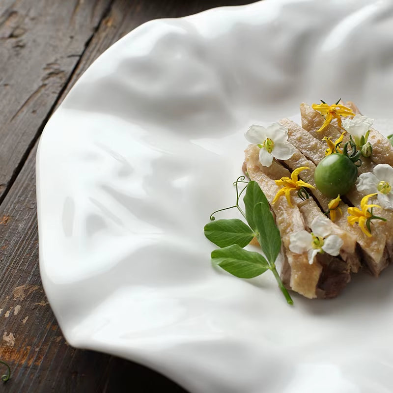 French Ceramic Tableware Irregular White Ceramic Western Plate Creative Pleated Paper Plate Restaurant Fruit Tray Dumpling Plate