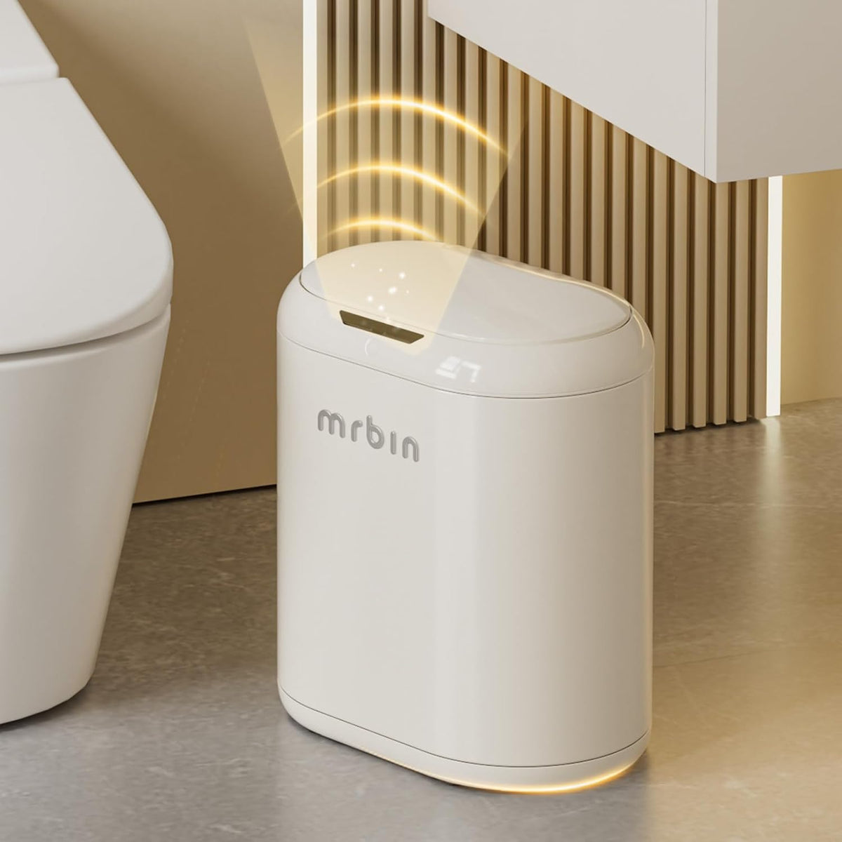 Automatic Trash Can for Bathroom, Metal Touchless Garbage Bin with Lid, 3.2 Gallon Small Slim Trash Can for Office and Kitchen, Electric Motion Sensor Bedroom No Touch Bin, Cream White