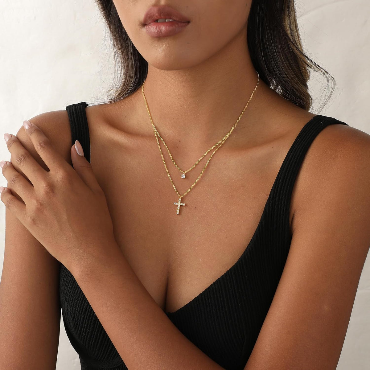 Cross Necklace for Women,14K Gold Plated Small Dainty Colorful Beaded Cubic Zirconia Diamond Double Layered Cross Pendant Choker Necklaces for Women,Christian Easter Religious Jewelry Gifts